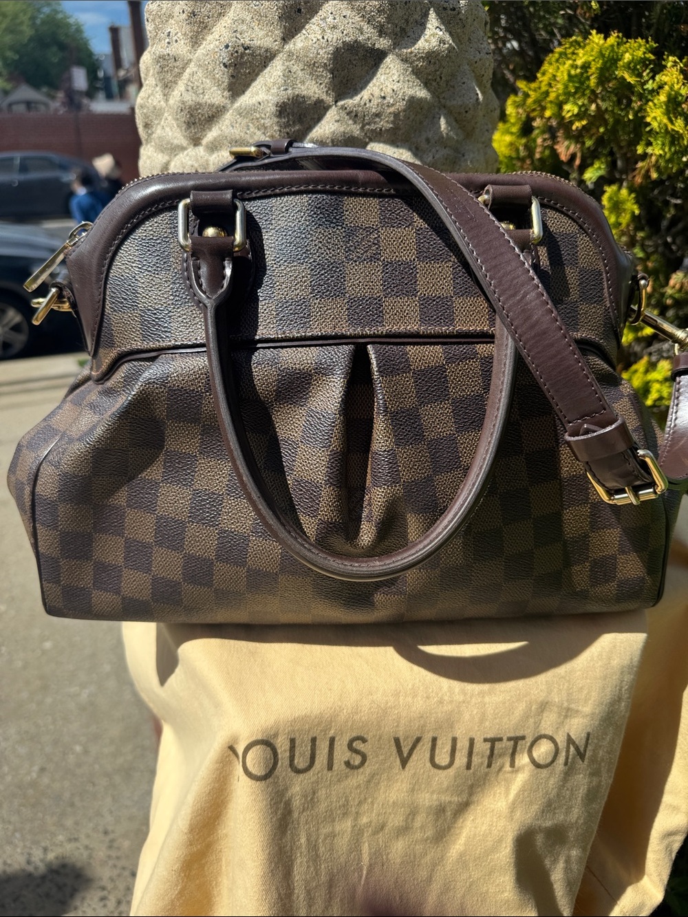Louis Vuttion Trevi  Damier Ebene PM Satchel with Gold Hardware & shoulder strap
